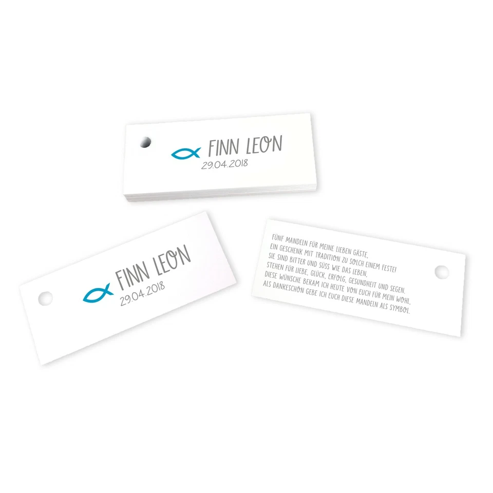 IN DUE 28 Kärtchen Fisch personalisiert Vorname & Datum Taufe Kommunion Junge