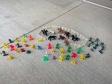 Lot of 64 Vintage Plastic Cowboys Indians Horses Fences Military Figures Marx
