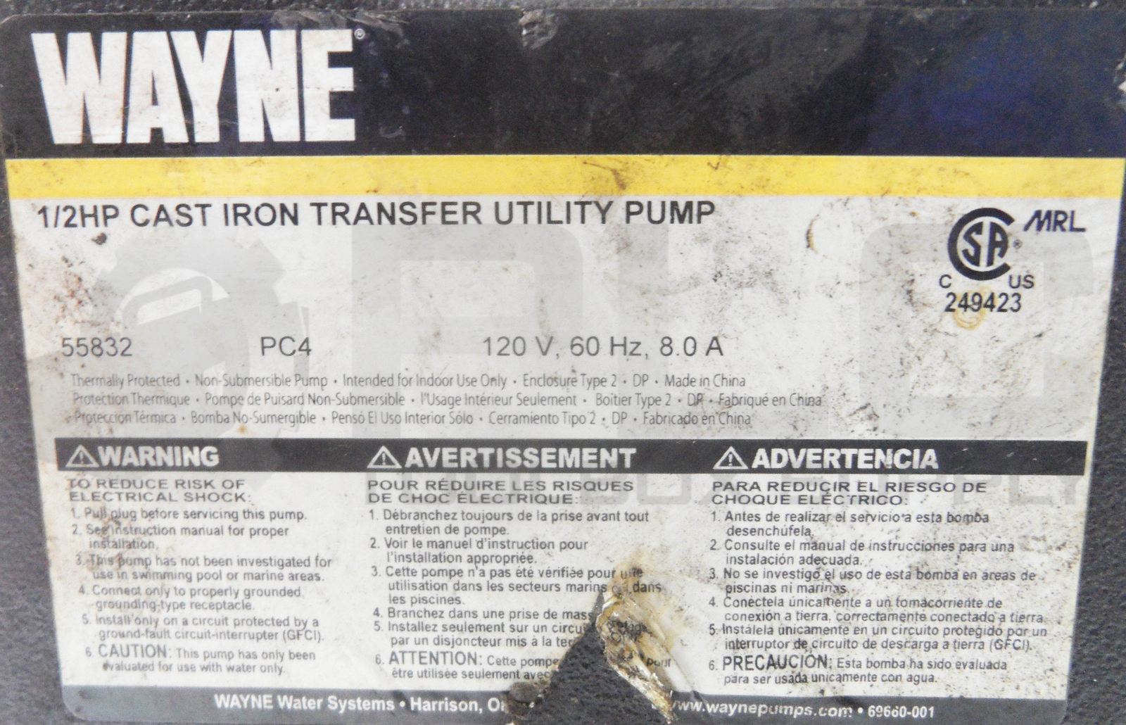 WAYNE PC4 PUMP 1/2HP CAST IRON UTILITY TRANSFER PUMP 55832 3634003 W32