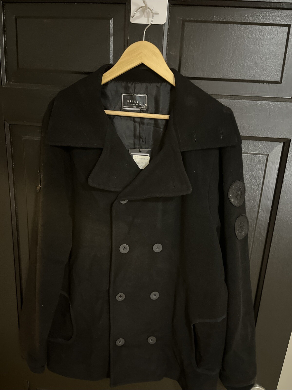 Orisue Mens Double Breasted Wool Peacoat Size L Black Navy with Airman Patches New With Tags