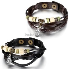 Unisex Wooden Bead Buddha Hand Braided Leather Cord Strand Bracelet Wristband