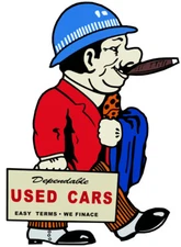 Dependable Used Car Salesman Cut Out Metal Sign 14x19