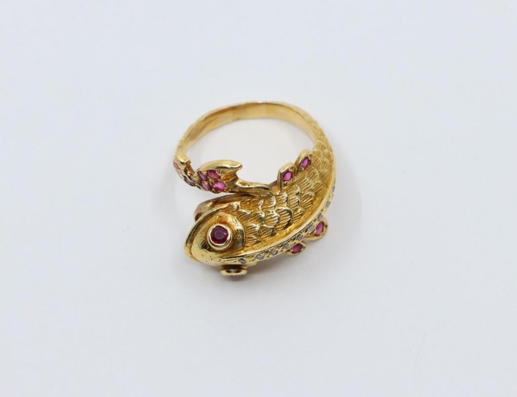 14K Gold Ruby Diamond Fish Ring - image 12
