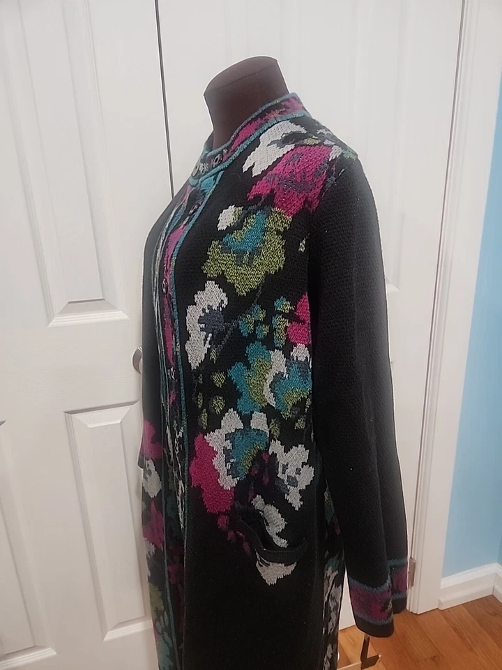 Cárdigan J.Jill Negro Floral Largo Tejido Arte Para Usar Suéter Chaqueta Talla. Grande Foto 4 de 4