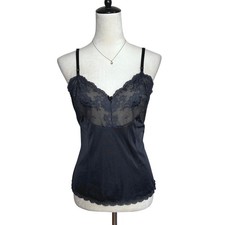Vintage Black Lace Trim Camisole Floral Mesh Bodice Adjustable Straps Lingerie