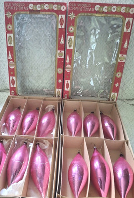 12 Pink Torpedo Teardrop Mercury Glass 6  Christmas Tree Ornaments W Box Crazing