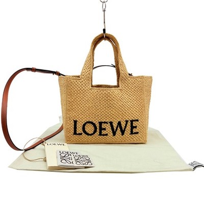 Authentic LOEWE Font Tote 2WAY Hand Bag Beige Raffia #36637441