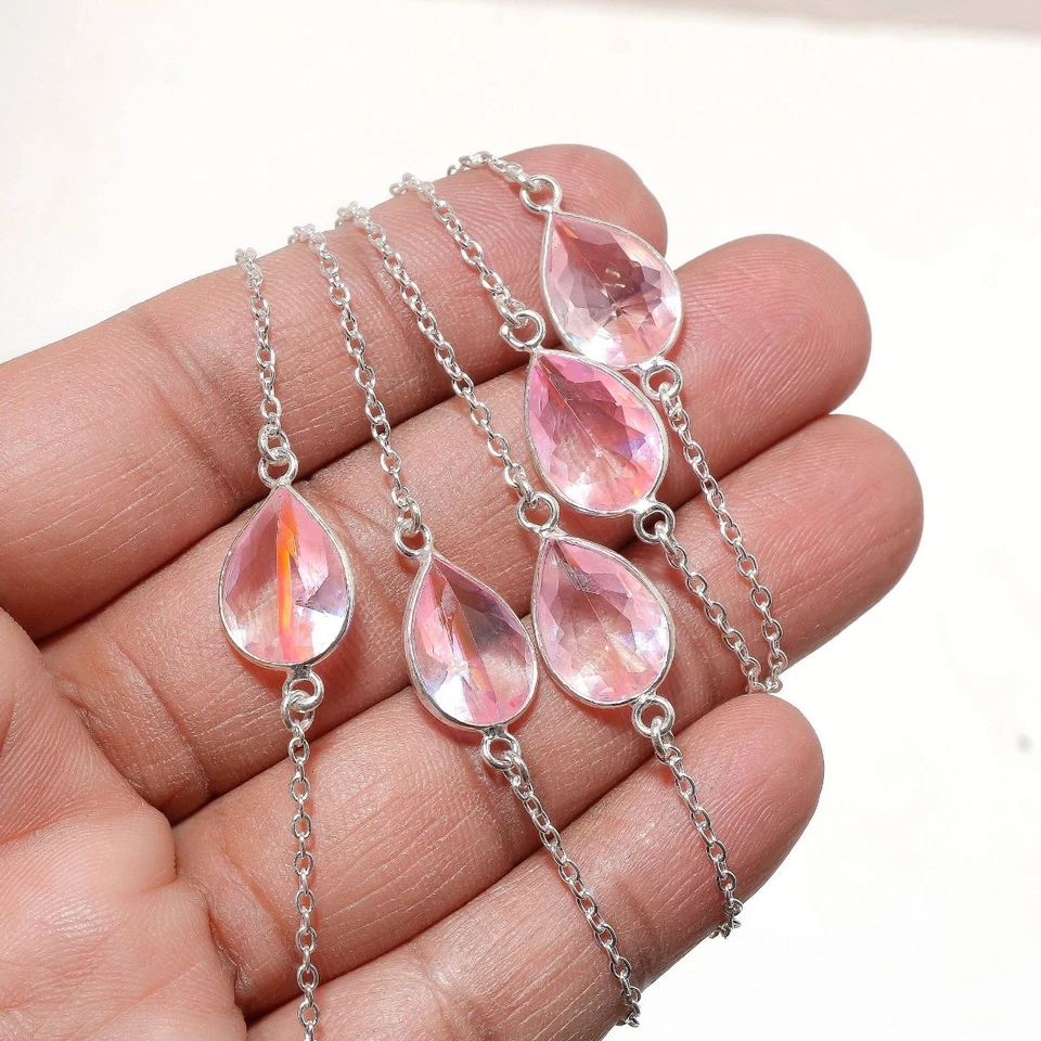 Collar de piedras preciosas con forma de pera de topacio místico rosa cadena antigua joyería 36" CH 7085 Foto 2 de 4