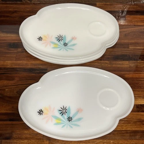 4 Vintage Atomic Flower Milk Glass Patio Snack Set Federal Glass Set ~ No Cups