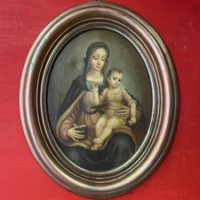 quadro dipinto a olio su tela Madonna con bambino cornice ovale stile antico 900