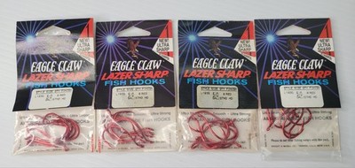4 Packs of 8 (32) Eagle Claw Lazer Sharp Fish Hooks - Size 5/0 Red Fishing