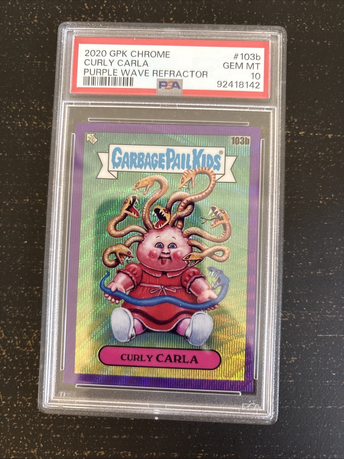 2020 Topps Garbage Pail Kids Chrome Purple Wave Refractor #103b Curly Carla front
