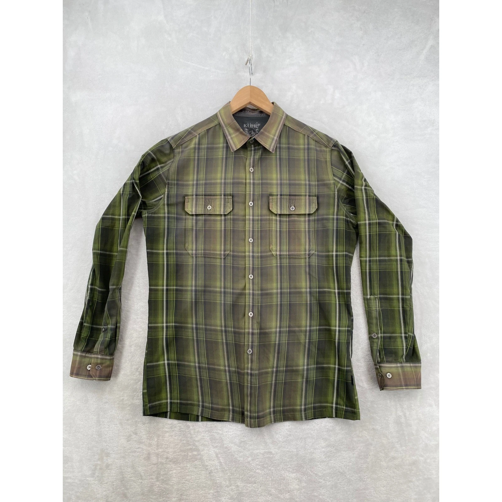 Kuhl Eluxurim Shirt Medium Olive Green Plaid Hiking Outdoor Performance Long