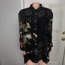 CITRON Santa Monica Womens Blouse 0X Silk Button Asian Shirt Top Floral X4-19
