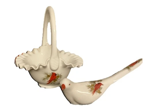Vintage Fenton Milk Glass Bird And Basket Hand Painted Cardinals Artist Signed