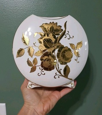 Vtg J. Spyropoulos Round Floral Vase 24k Gold Hand Painted Roses Elegant Rare+ 