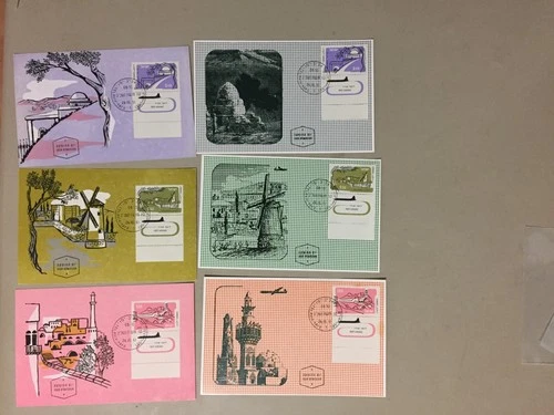 Six israel AIR MAIL maxi cards.Each two same stamps diff pictures