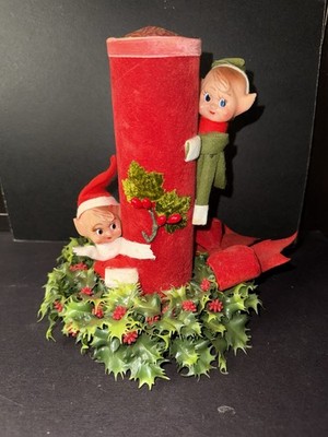 Vintage Christmas Knee Hugger Pixie Elves Candle Holder 1950s Mcm Retro