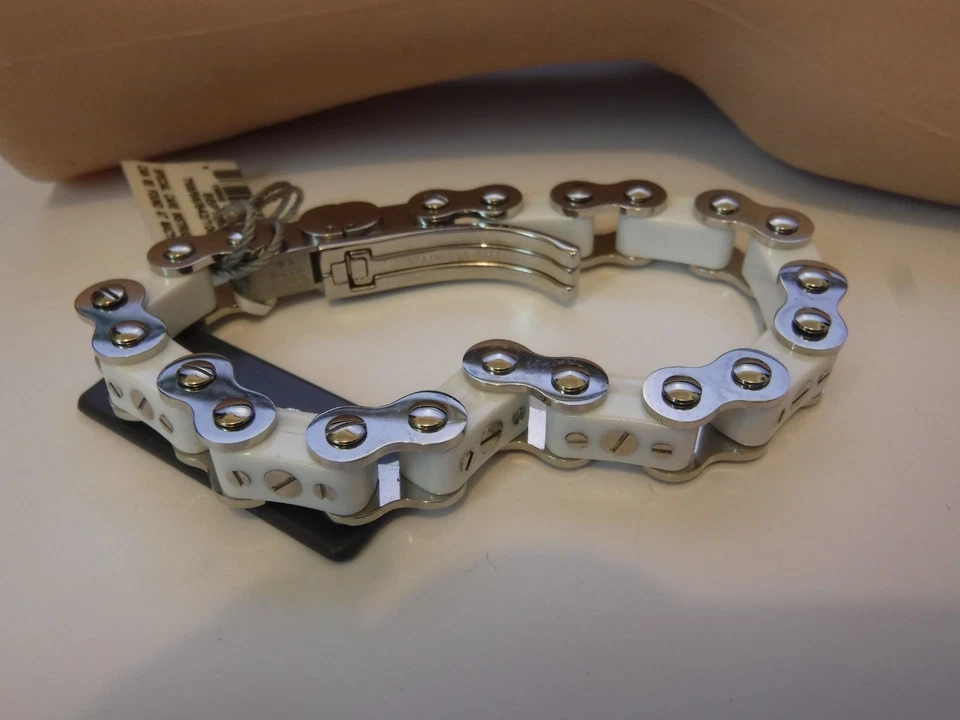 Estate Unisex Stainless Steel IceLink Bike Chain Bracelet White Ceramic Unworn - Image 3 of 4