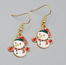 Snowman Pierced Earrings Christmas Holiday Enamel Dangle Gold tone 3/4" New