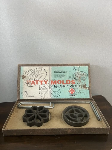 Vintage Griswold Cast Iron 2 Patty Mold Set In Original Box