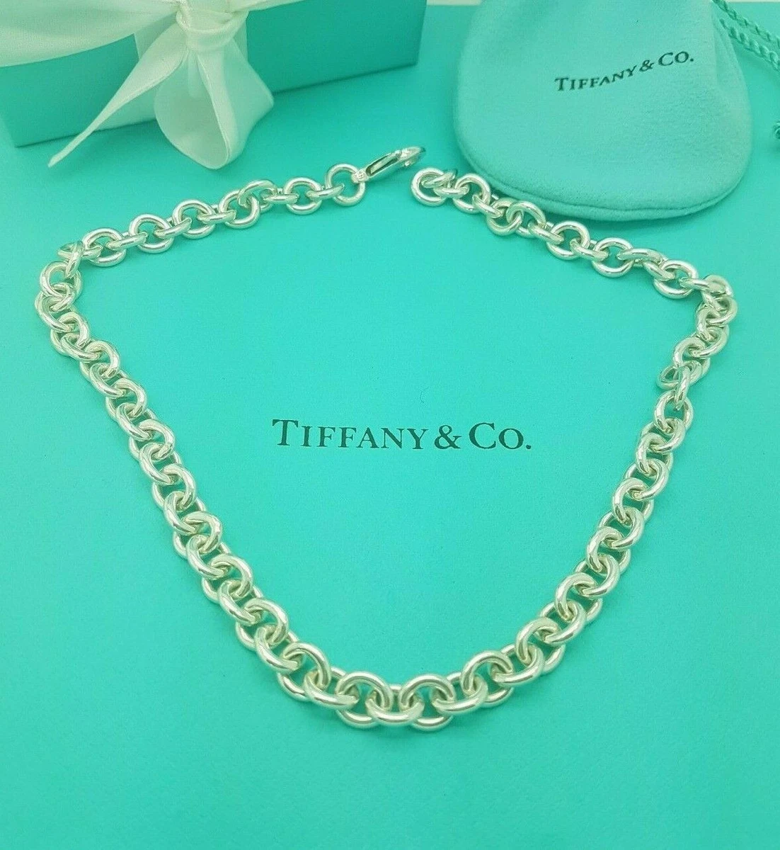Tiffany Co. Silver 8mm Round Link Chain 16 Inches Necklace UK h