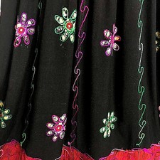NWT Ethnic Embroidered Long / Midi Modest Gathered Skirt Size : S  Black Multi