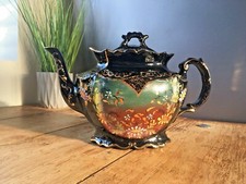 ANTIQUE VICTORIAN JACKFIELD BLACK GREEN RUST GILT FLORAL TEAPOT GIBSONS JETWARE