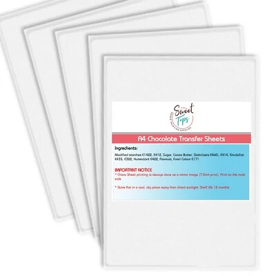 SWEET TOPS 5x Edible Chocolate Transfer Sheets For Printing on to White Chocolate