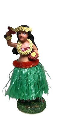 Dashboard Hula Dancer Hawaii Vtg KC Co 6.5'' Green Grass Skirt Bobble Doll Tiki