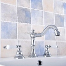 Polished Chrome Widespread 3 Holes Bathroom Faucet Dual Ceramic Handle Mixer Tap