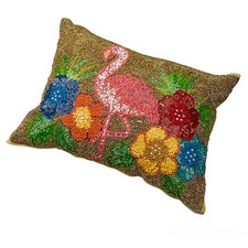 Pink Flamingo Pacific Paradise Tropical Flowers Beaded 16in Rectangular Pillow