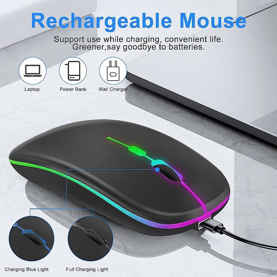 Fast Rechargeable Bluetooth Slim Silent Wireless Mouse RGB LED MacBook Laptop PC - Image 4 of 4