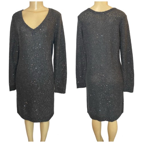 Jigsaw Dark Gray Sequin Knitted Wool Alpaca Blend Dress Knee Length Medium