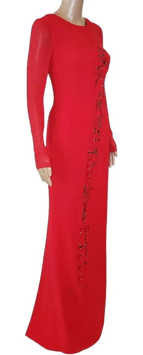 Abito Versace rosso impreziosito da seta con maniche lunghe 38 2 nuovo