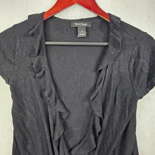 White House Black Market Black Cardigan Sweater Ruffle Front Silk Blend Small - Picture 3 of 9
