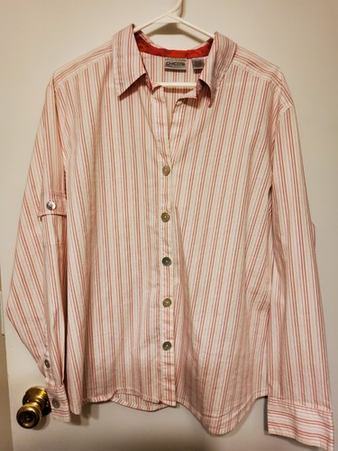 CHICO'S Pink White Striped Roll Up L/S Cotton Nylon V Neck Button Shirt SZ. 3