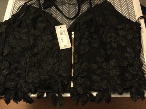 NEW River Island Size 12 Black Lace Mesh Textured Floral Crop. - Picture 2 of 3