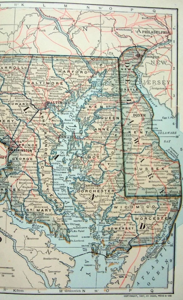 Maryland y Delaware - Mapa original con fecha de 1907 por Dodd Mead & Company. Antiguo Foto 3 de 3