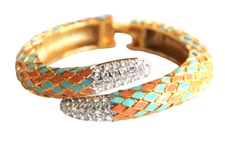 Kenneth Jay Lane Enamel Snake Scales Crystal Clear Tail Tips Bracelet Signed KJL