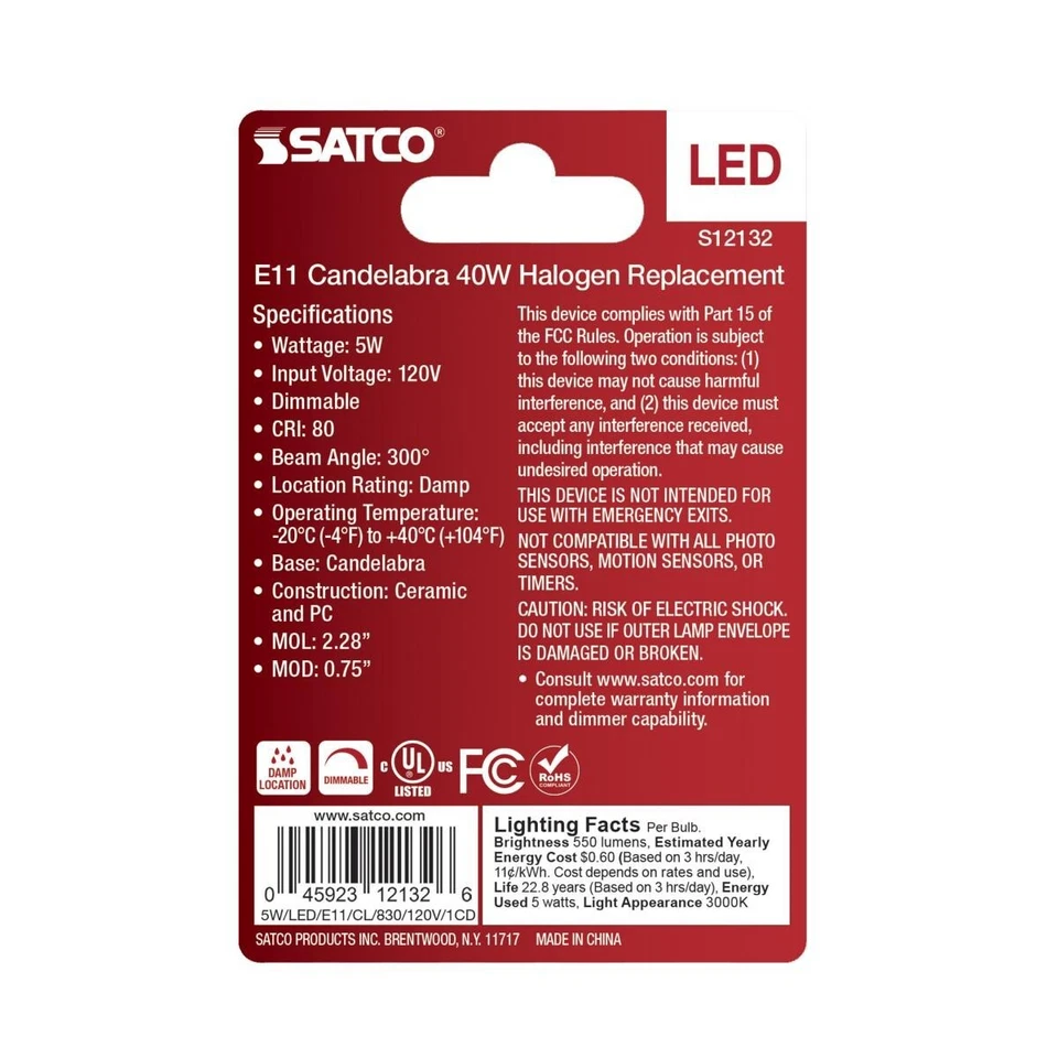 Satco S12132 - 5 Watt Mini LED - Mini Candelabra Base - 3000K (2, 6 or 48 Pack) - Image 3 of 4