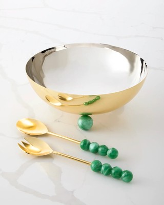 Designer Salad Bowl 12'' Diameter + Servers Stainless Steel Golden Finish