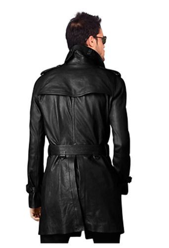 MEN'S STYLISH BELTED BLACK LONG COAT, LEATHER TRENCH COAT, PEA COAT-BNWT - Picture 2 of 3