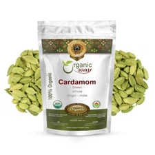 Organic Way Cardamom Whole Pods, Hari Elaichi - Organic, Kosher & USDA Certified