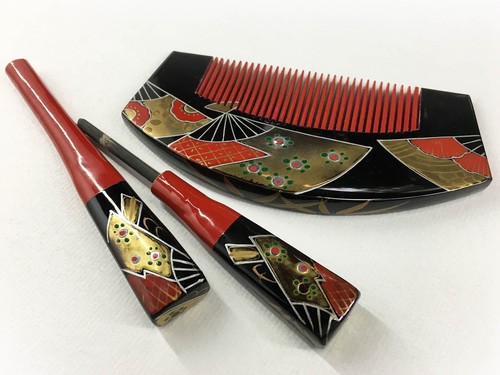 VTG Japanese Black Lacquered Comb & Kougai Kanzashi Hair Ornament Set: Oct17-A - Picture 6 of 11