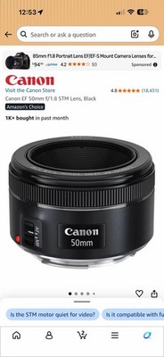 Canon EF 50mm f/1.8 STM Standard Lens, Auto/Manual Focus, Caps, 49mm