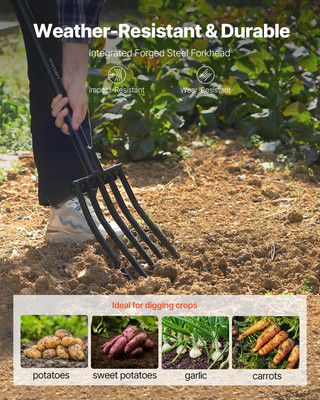 5 Tines Garden Fork Tool Metal Handle 41 in Spading Pitchfork Y Grip Heavy Duty