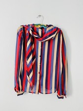 Vintage 70s Striped Button Up Shirt Blouse Top Pussy Bow Ruffle Multi Sheer S