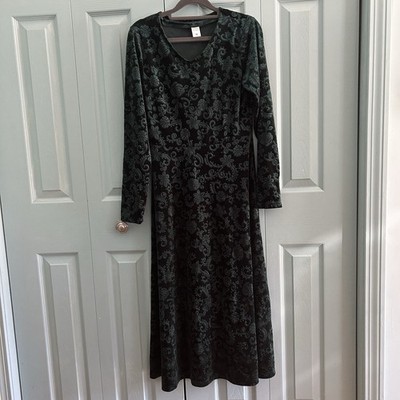 Women's Green Velvet Long Sleeve Floral Maxi Dress Medium Whimsigoth Witchy  | eBay