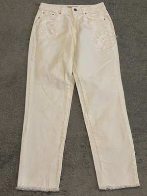Zara Basic Z1975 Jeans Womens 02 White Denim Flower Accent Skinny Leg Ankle